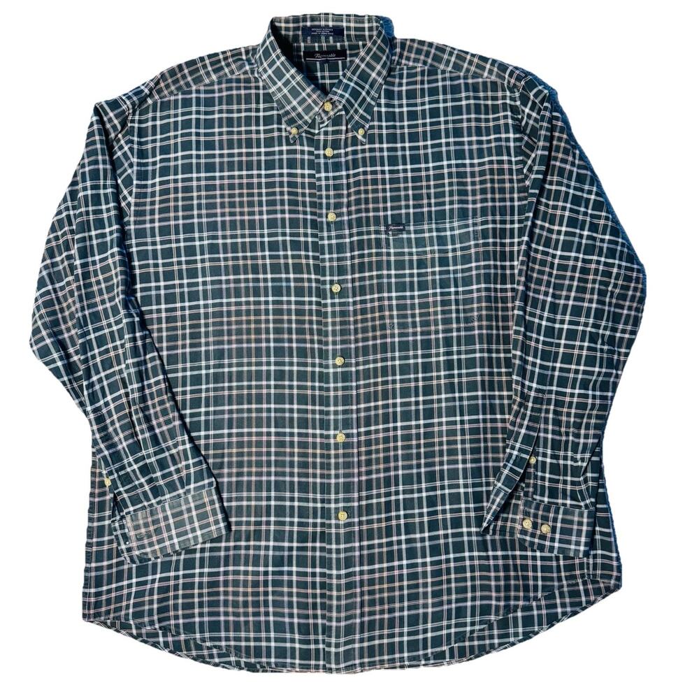 Faconnable Mens Green Plaid Button Down Shirt Logo XL Preppy Classic Office